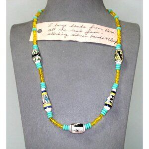 Peruvian Beaded Necklace 20" Sterling Silver Clasp Glass & Hand-Painted Beads